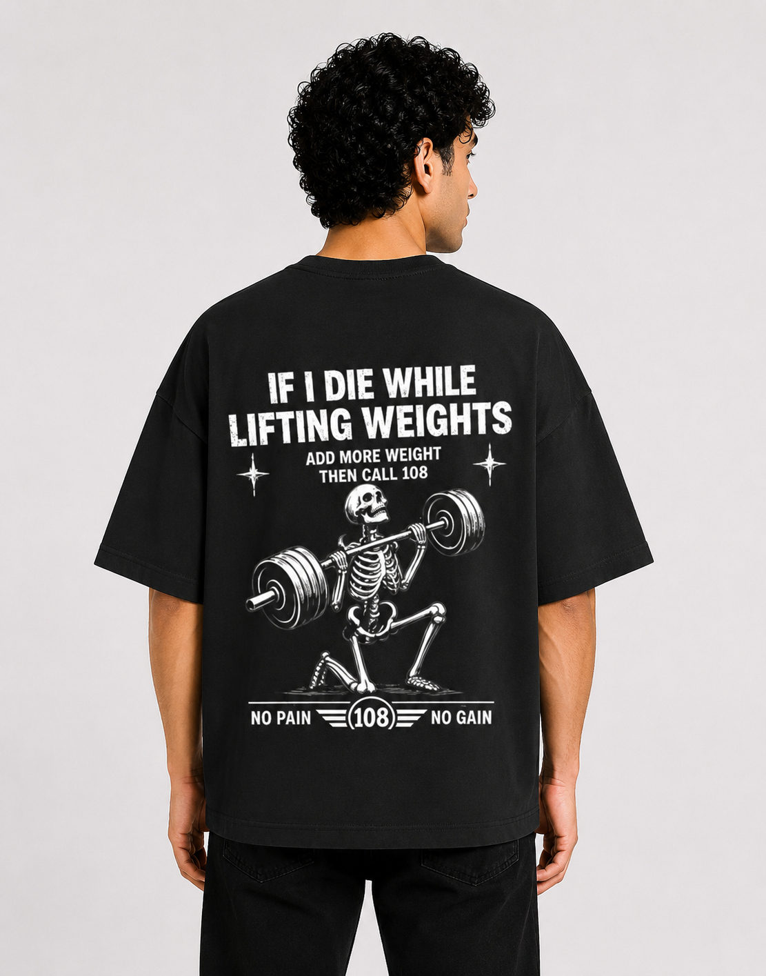 Skeleton Weightlifting Premium Oversized T-Shirt | Back print